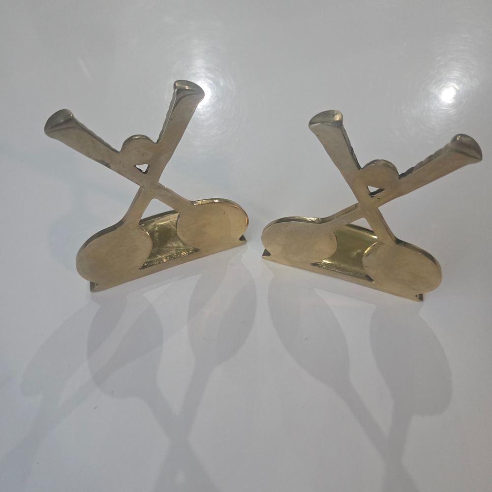 Vintage Brass Tennis Racket Bookends Pair 1970s Taiwan Sports Decor Gold Tone - Picture 3 of 11